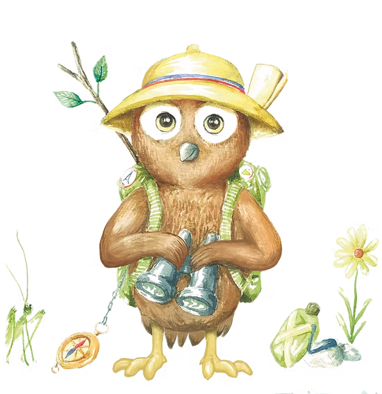 Oli the Owl — a watercolor brown owl in a yellow safari hat, with binoculars and a green backpack