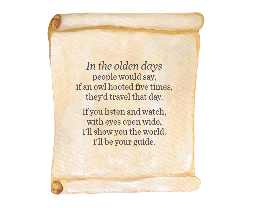 Watercolor scroll bearing the opening poem of Oli the Owl